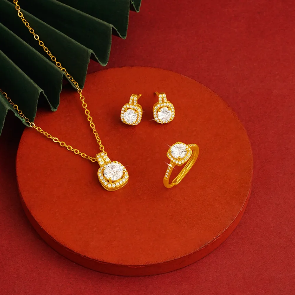 Boucles d'oreilles en forme de chaîne pour femmes, pendentif, bague ronde, CZ Halo Brillant, véritable or jaune 18 carats, bijoux à la mode, cadeau