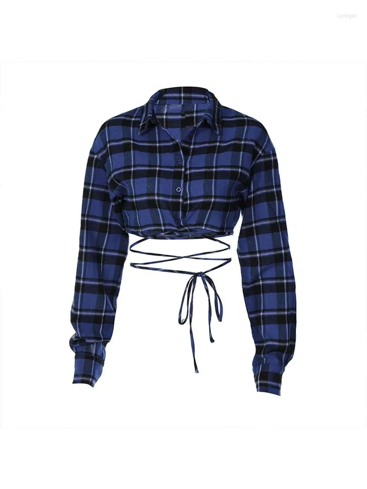 Women's Blouses Checked Shirt Plaid Button Up Women Sexy Y 2k Vintage Bandage Long Sleeve Tees Strap Women's Shirts For Evening 2023