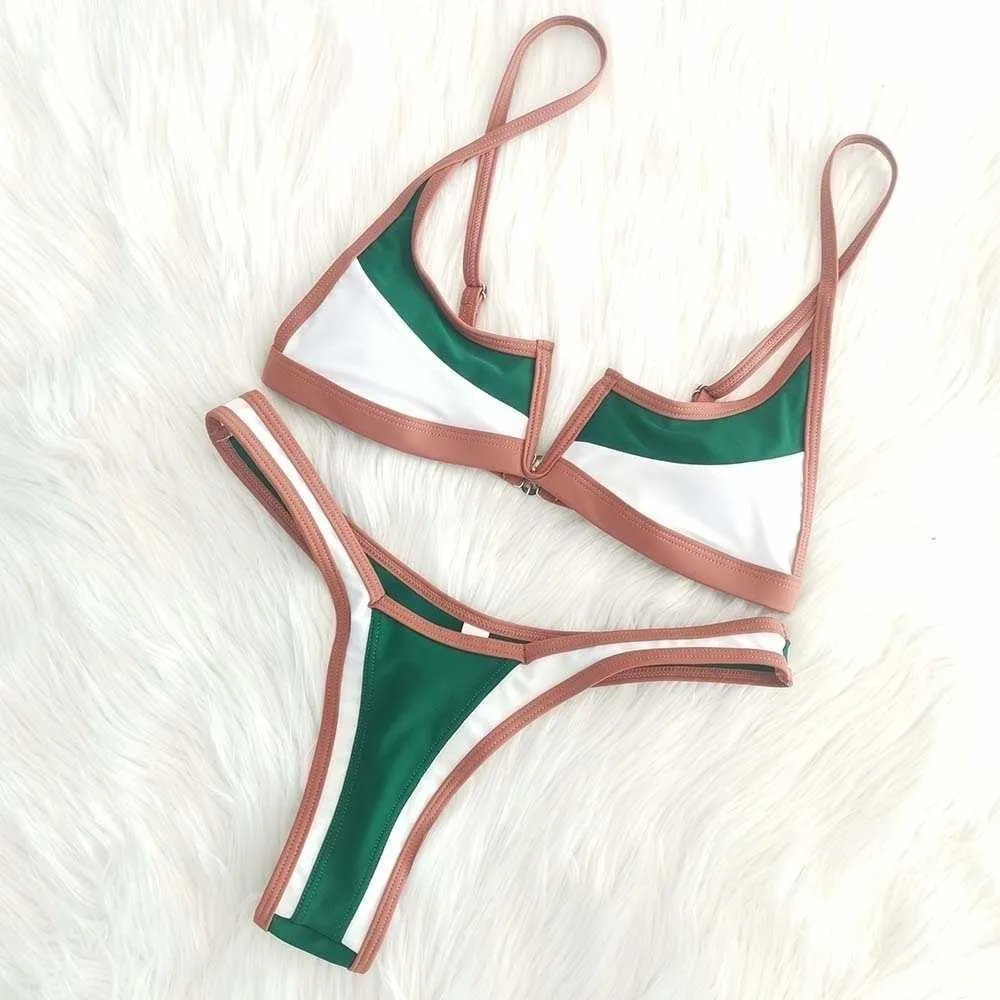 Retro Patchwork Two Tone Bikini Set With Thong Vintage Brazilian