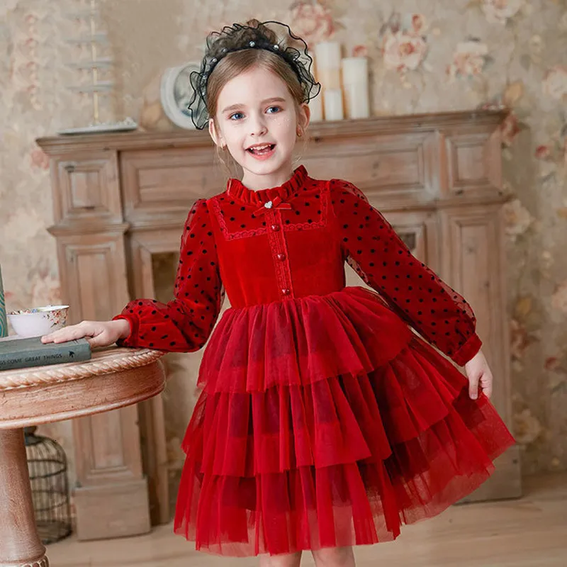 Girl's Dresses Modern Long Sleeve Velvet Girls Red Performance Dress Christmas Outfit Cloth Wedding Party Kids Dress for Girls 4 7 9 12 14 Year 230320