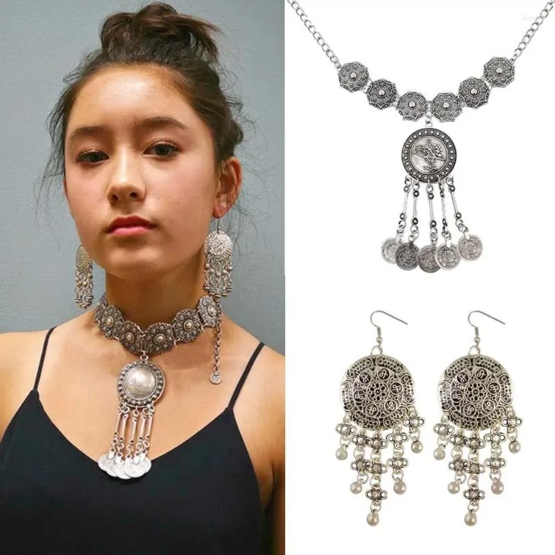 Halsband örhängen set afghansk vintage silver färg metallmynt tofs halsband set för kvinnor boho zigenare turkiska parti