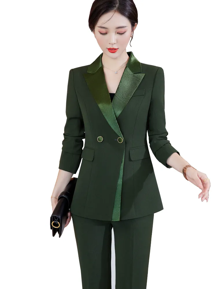 Damespakken Blazers Fashion Geel Green Black Women Pant Suit Office Ladies Business Work Wear 2 -delige set vrouwelijke lange mouwen blazer en broek 230320