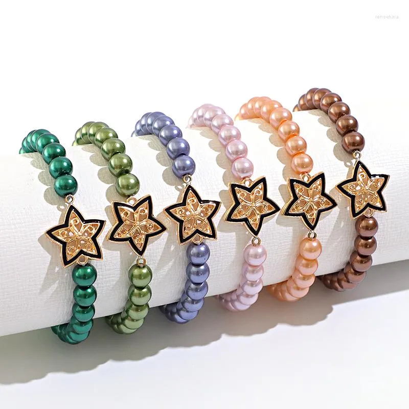 Strand Komi Bracelete artesanal Elastic Ritores de vidro imitação de pérola geométrica de cinco pontas de jóias de pingentes de flores ocas