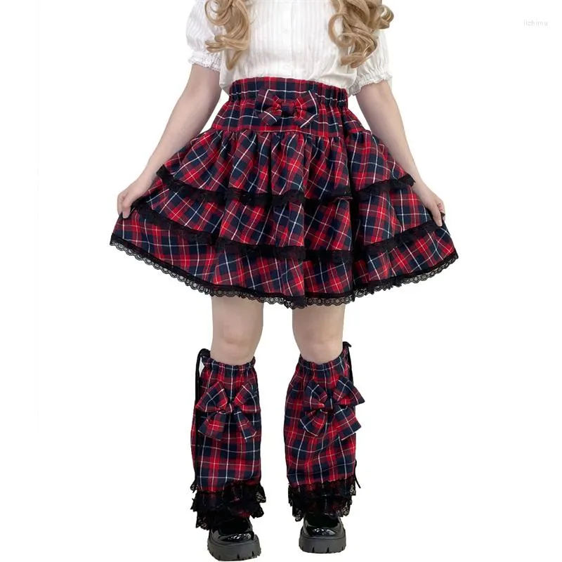 Jupes Harajuku Kawaii Mini jupe plissée à carreaux femmes Goth Y2k Vintage gothique Lolita esthétique coréen à volants dentelle une ligne rouge mignon