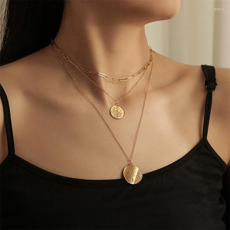 Pendant Necklaces WeSparking EMO Gold Plated Vintage Round Coin With Sun Eye Three Layers Clavicle Chain For Women