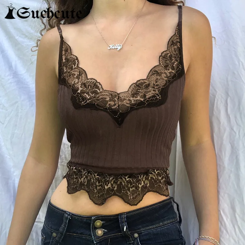 Canottiere da donna SUCHCUTE Goth Estetico Patchwork in pizzo Canotte per le donne Sexy scollo a V Marrone Retro Crop Top Estate anni '90 Moda Casual Canotta 230317