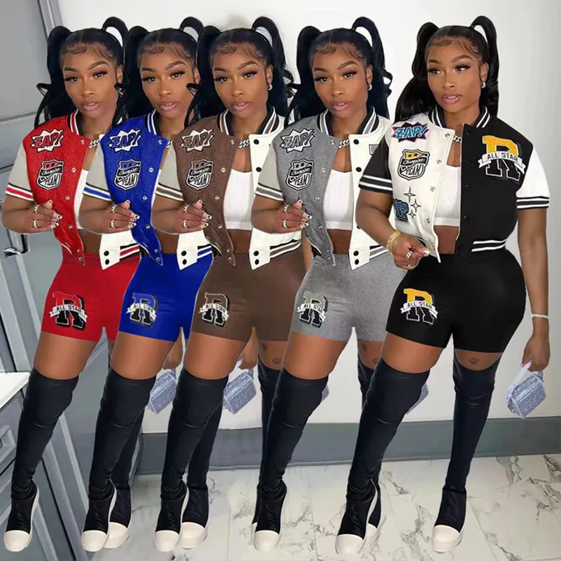 2024 Designer Brand Plus taille 3xl Tracksuits d'été Femmes Summer Baseball Uniform Tenues de veste à manches courtes Shorts Deux pièces Set Casual Sportswear Jogging Suits 9528-2