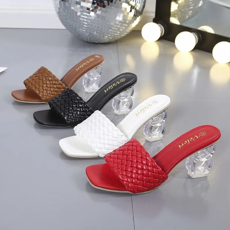 Pantoufles été tissage cristal talon femmes pantoufles bout ouvert diapositives décontracté dames chaussures sans lacet plage sexy pompes Muller taille 35-41 230320