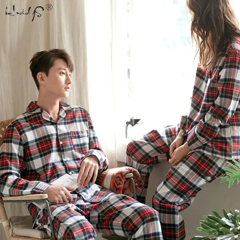 Men s Sleepwear Plaid Print Couple Pajamas Set Autumn and Winte Warm Cotton Women and Men Pyjamas Long Sleeve Sleepwear Men Lounge Pijama 230320