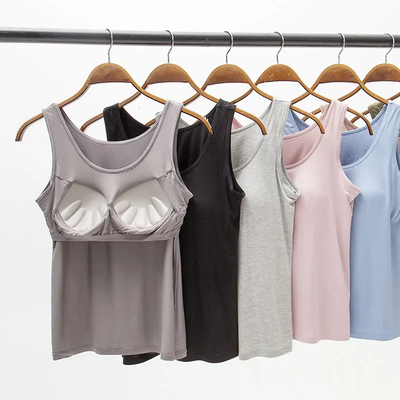 Damestanks Camis Vest Tops met ingebouwde bh -nek gevoerde slanke fit tank sexy shirts feminino casual 230317