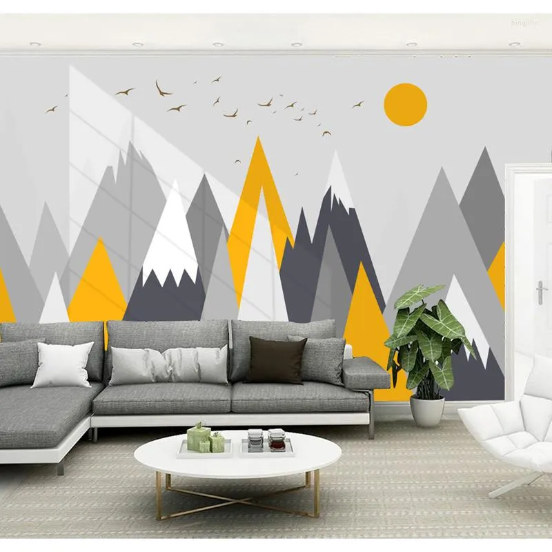 Papéis de parede Bacaz geometria amarela abstrata papel de parede Sun Birds Mountain Mural para sofá de quarto de papel de parede 3d papel de parede