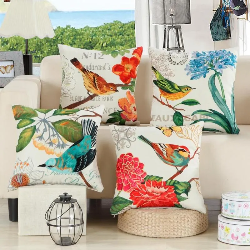 Federa per cuscino in stile pastorale con motivo a fiori e uccelli, in cotone e lino, 45x45 cm, decorazione per la casa