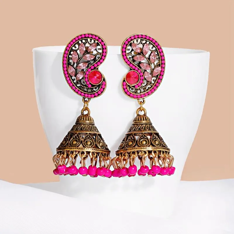 Dangle Earrings & Chandelier 2023 Vintage Pink Rhinestone Leaf For Women Kolczyki Retro Gold Alloy Tassel Bells Bijoux