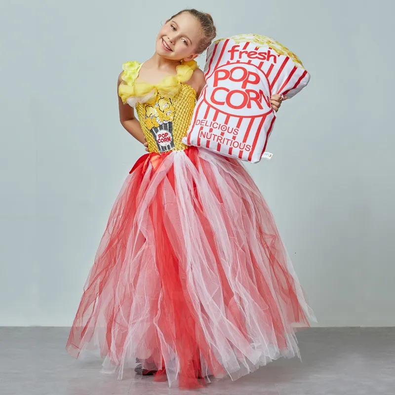 Circus Popcorn Girl Tutu Dress Carnival Birthday Party Wedding Flower Sequin Ball Gown Costume Kids  Corn Food Tulle Dress (5)