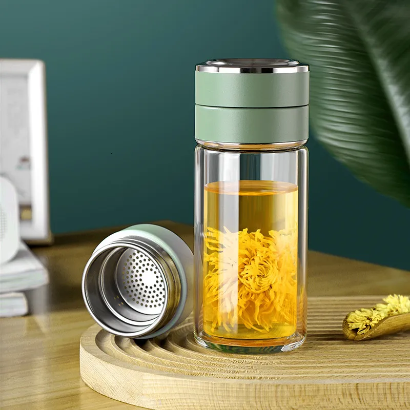 Water Bottles Tea Water Bottle Travel Drinkware Double Wall Glass Tea Infuser Tumbler Stainless Steel Filters Tea Filter Floral Teacup 230320