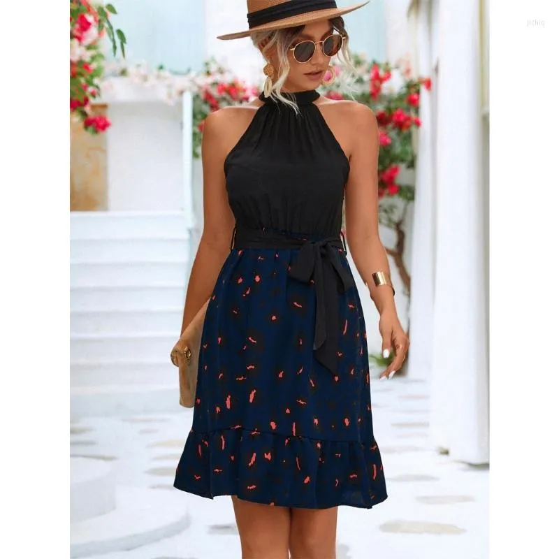 Casual Dresses Women Summer Halter Neck Leopard Patchwork Tie Waist Ruffle Flowy Short Dress