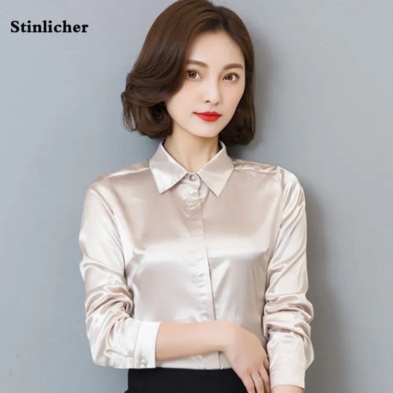 Kvinnors blusar skjortor Stinlicher Satin Silk Shirt Women Spring Autumn Long Sleeve Elegant Work Wear Tops Korean Fashion White Blue Black Blouse Shirt 230317