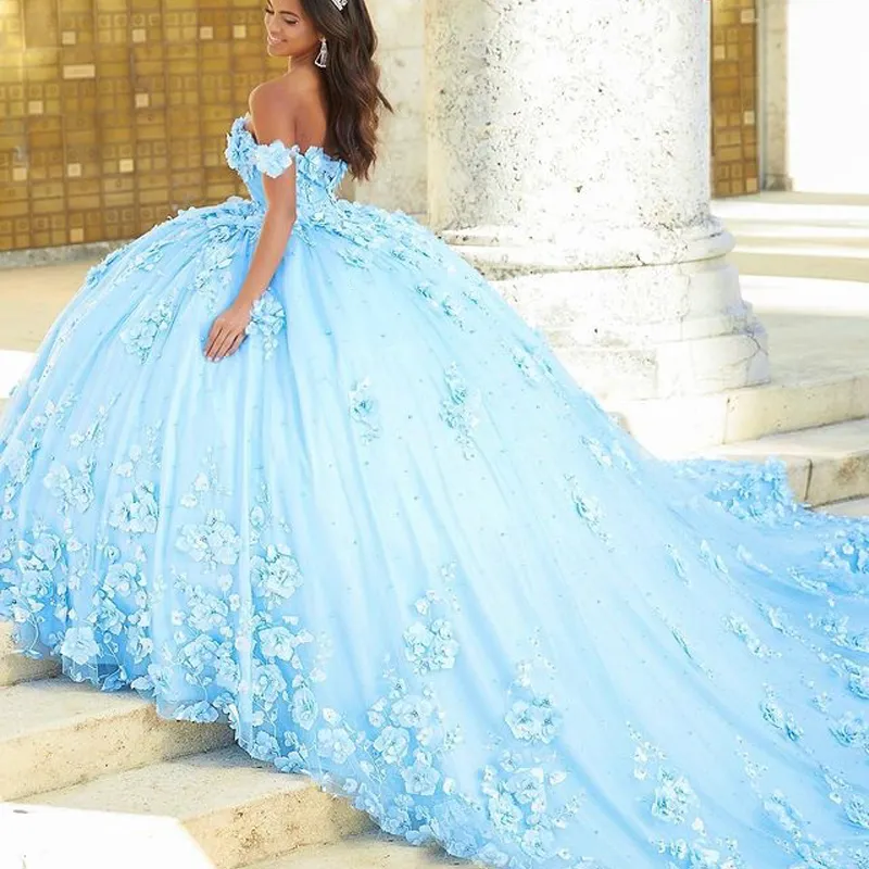 2024 Mexicaanse Hemelsblauw Quinceanera Jurken met 3D Bloemen Applique Vestidos XV Anos Sweet 16 robe de soiree