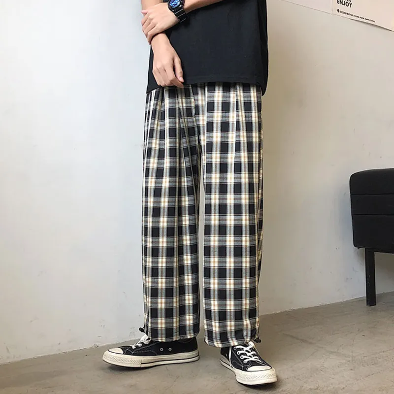 Mäns byxor Noestamal Harajuku Yellow Plaid Drawstring Men's Casual Pants Vintage Loose Straight Streetwear Male Pant Unisex Trousers 230320