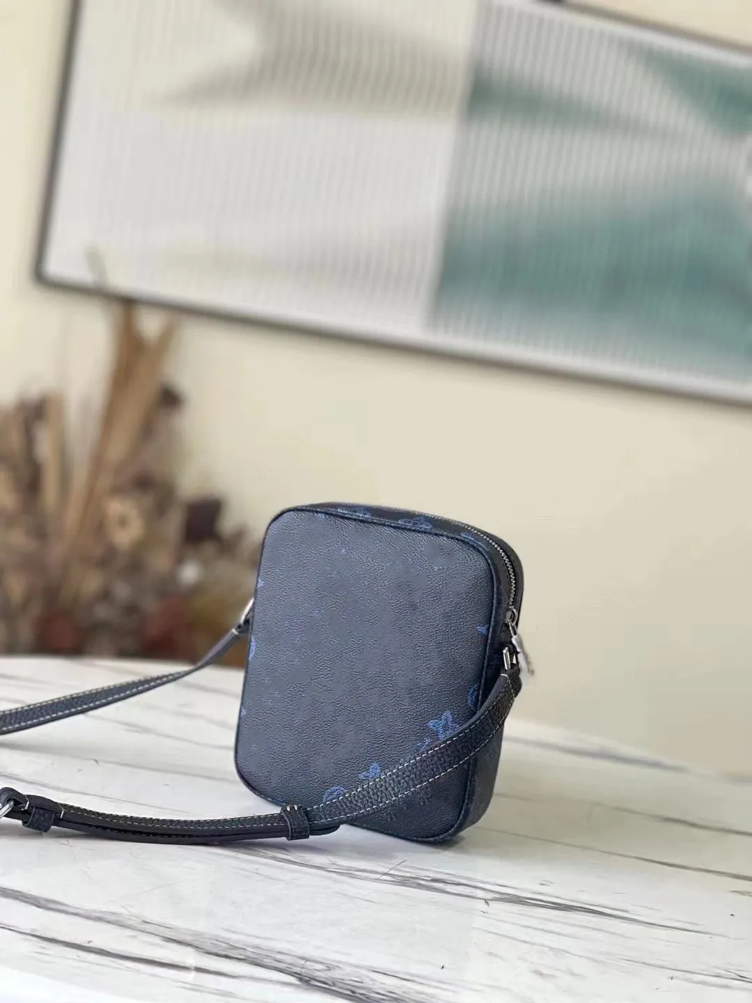 Mini Printed Mens Shoulder Bag Brown PU Leather Small