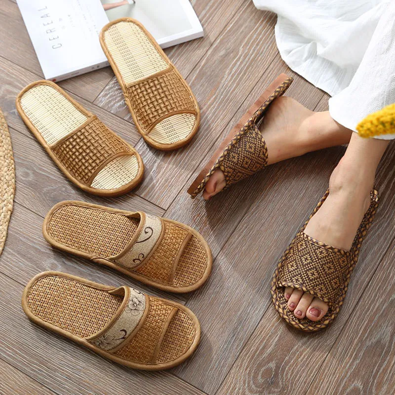 Slippers Bamboo Weaving Home Linen Summer Men Cool Rattan Women Mujer Zapatilla 230320