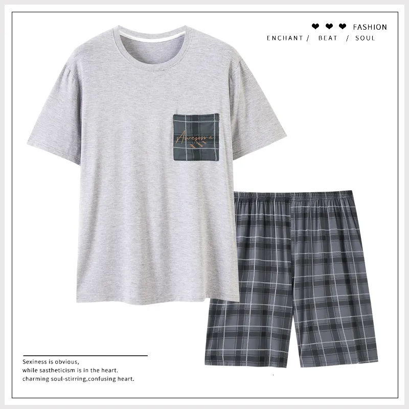 Mäns sömnkläder Summer Soft Modal Men Pyjamas High Quality Plus Size L-3XL Plaid Print Sleep Tops Pyjama Set Elastic Shorts Home Clothing PJS 230320