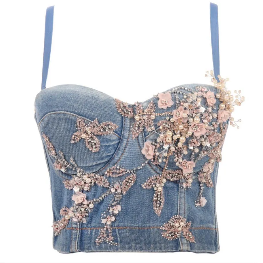 Womens Tanks Camis Flower Beading Denim Jeans Scratched Womens Button Diamonds Ripped Push Up Bustier Night Club Party Crop Top Corset Camise 230320