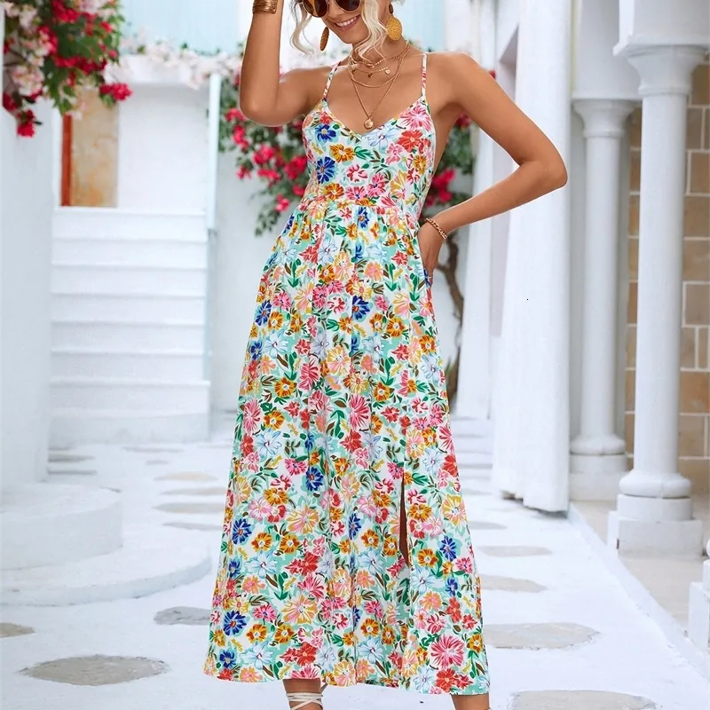 Vestidos casuais chifirena backless halter vestido longo para mulheres com estampa floral com estampa floral de flaghett de mangas