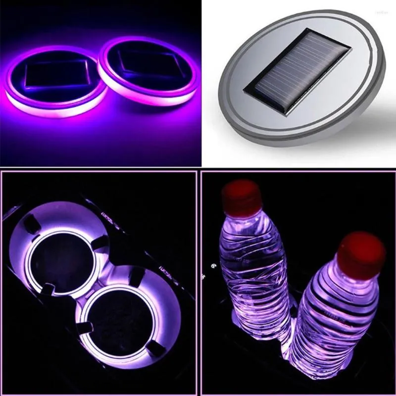 Tovagliette 2pc Car LED Light Cup Holder Bottom Mat Water Drinking Pad Automotive Interior Atmosphere Lights Lamp Solar Energy