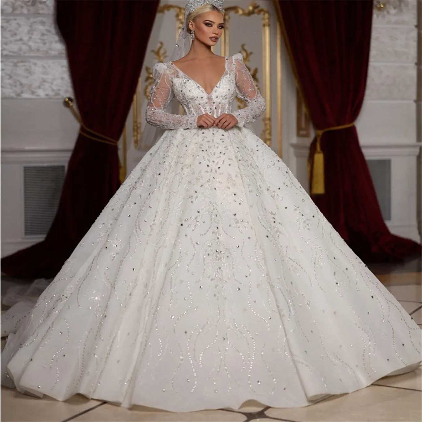 Luxury Ball Gown Wedding Dresses V-neck Transparent Long Sleeves Shining Applicants High Waist Lace Court Gown Custom Made Bridal Gown Vestidos De Novia