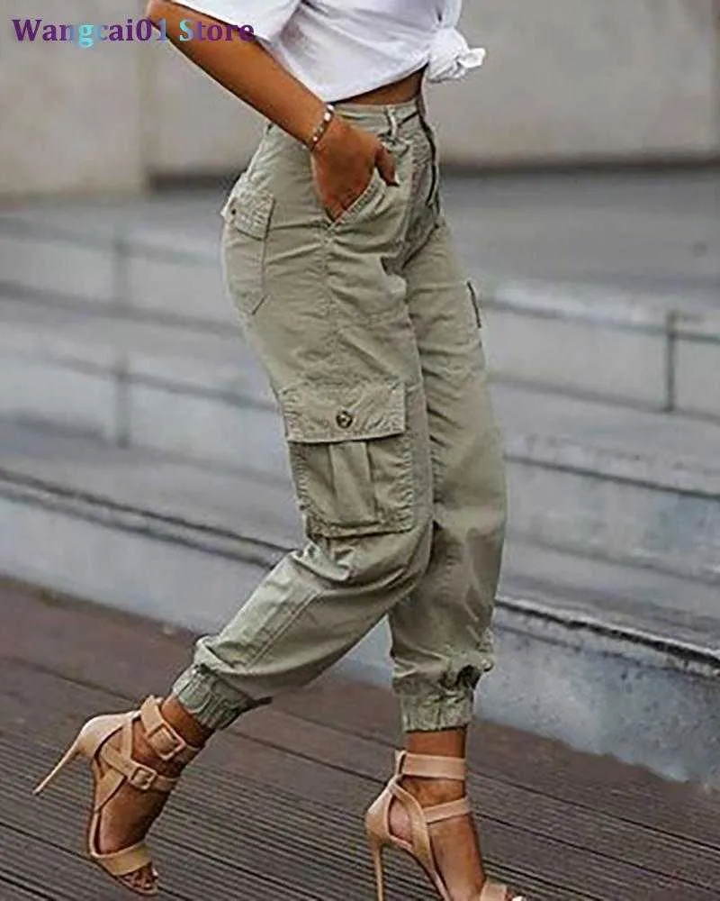 Kvinnans capris 2021 Spring Women Plain Tickets Design Cargo Pants Street Wear Chic Loose Jeans Oversize Trousers Cool Girl Casual Outfits 0320H23
