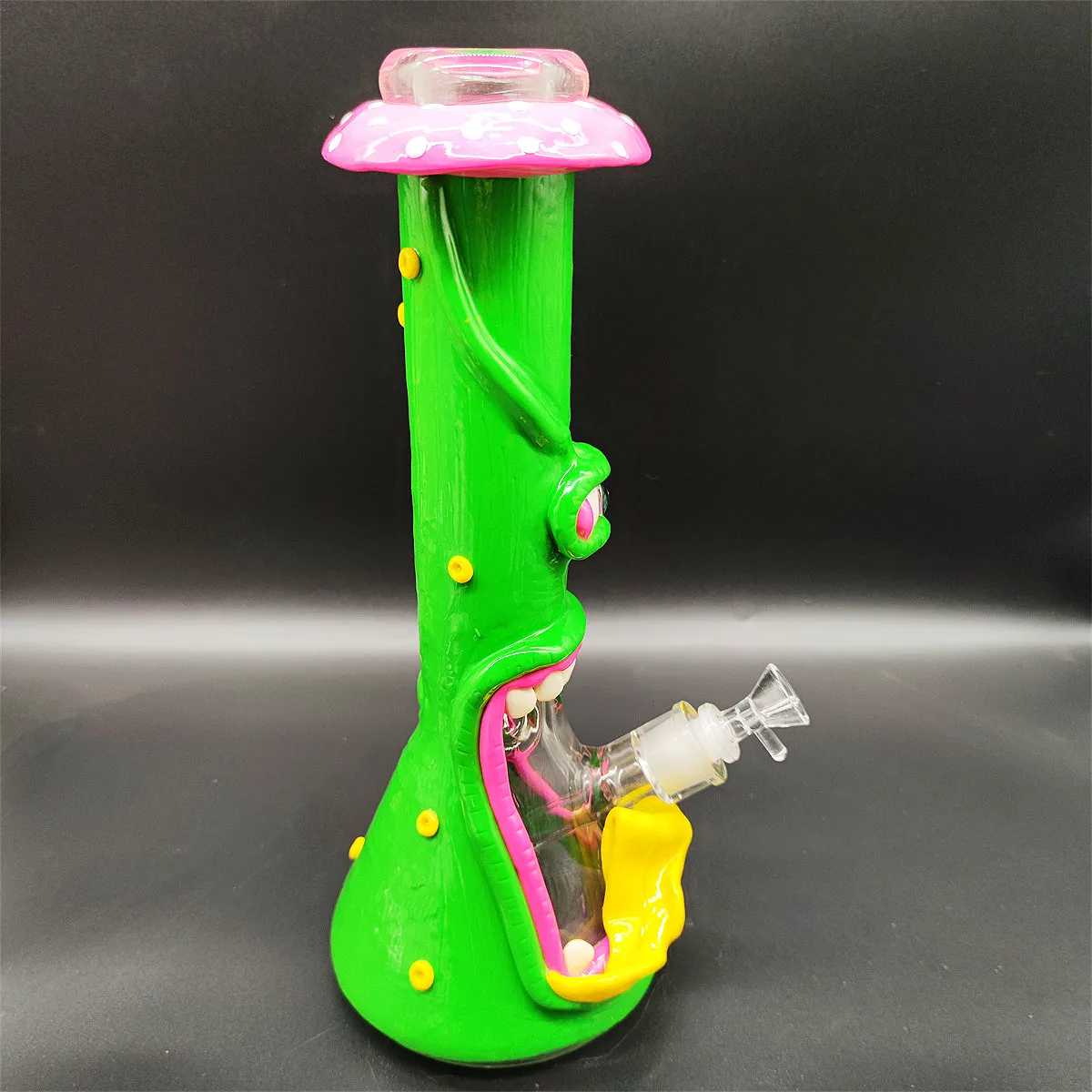 35 cm 14 Zoll handliche Bong Glasbong Wasserpfeife 3D grüner Pilz Monster 9 mm Dicke rote Schlumpfglasbongs dicker Becher Raucher Bubbler Dab Rig