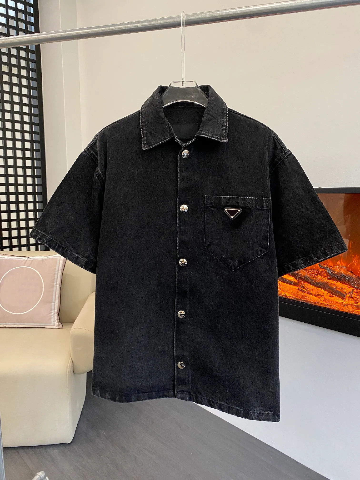 Black Cotton Short Sleeve Denim Shirt Casual Loose Fit Single Breasted Turn Down Collar Mens Shirt 2024