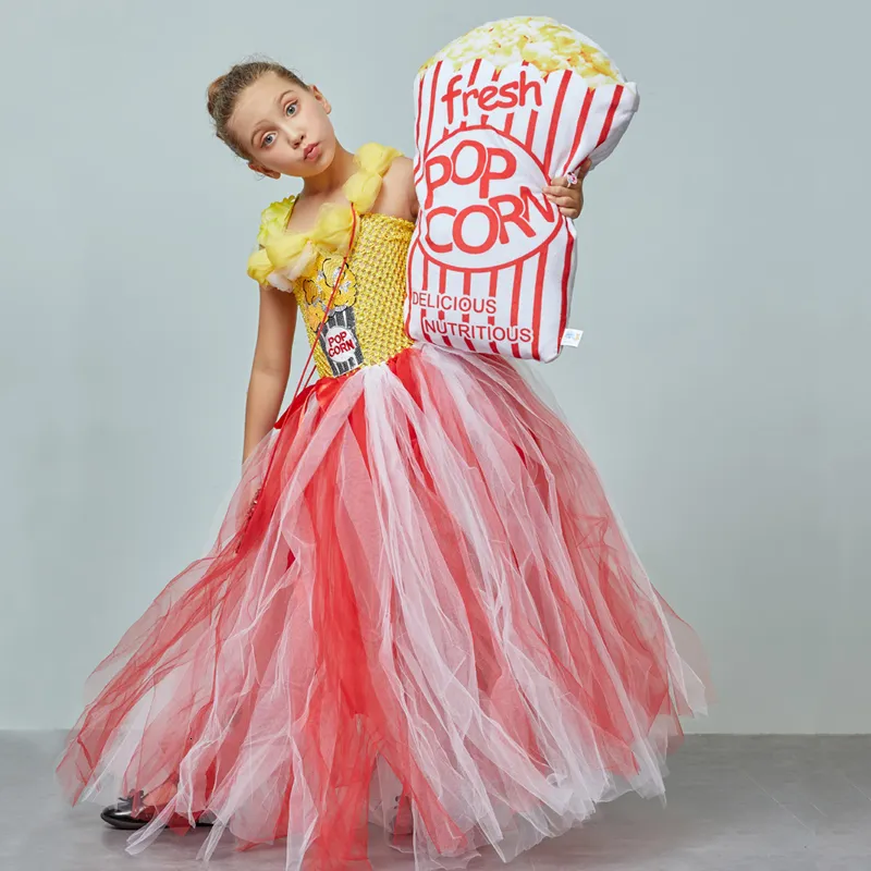 Circus Popcorn Girl Tutu Dress Carnival Birthday Party Wedding Flower Sequin Ball Gown Costume Kids  Corn Food Tulle Dress (6)