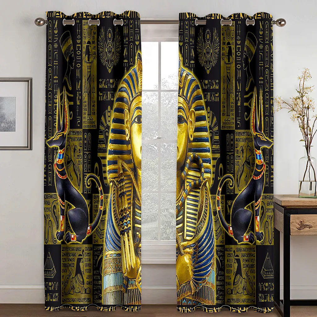 Transparente ägyptische Vorhänge für Wohnzimmer, Schlafzimmer, ägyptische Hieroglyphen, alte grafische Details und alphabetische Elemente, Fenstervorhänge für Zuhause, 230320
