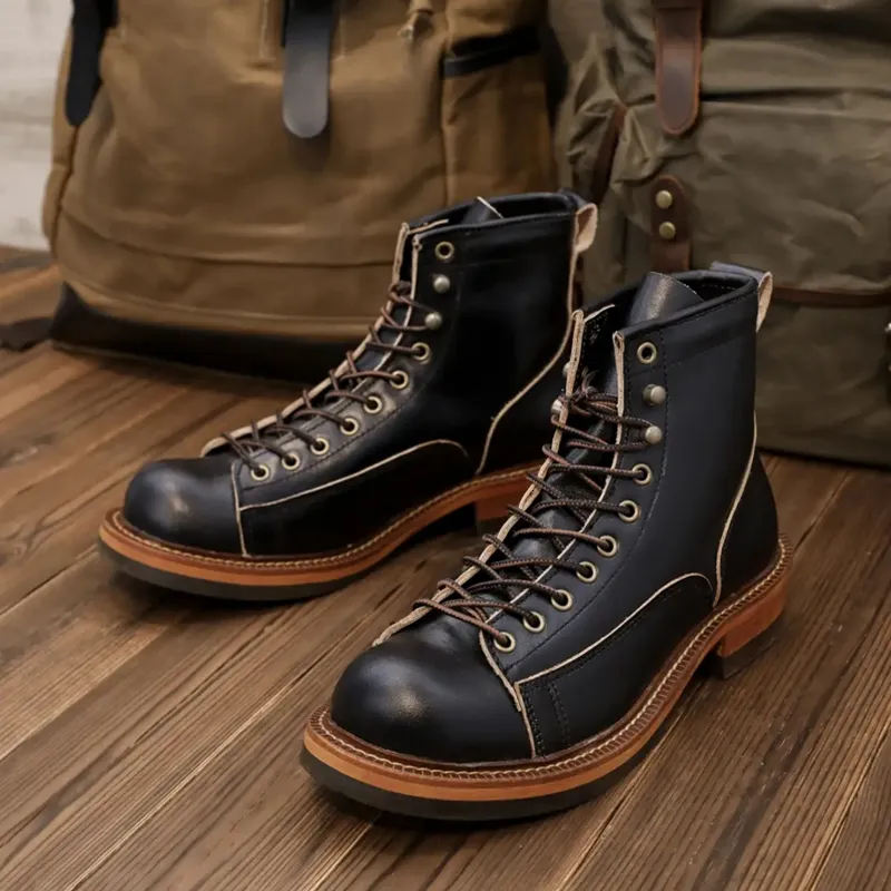 Laarzen Japanse ronde teen handgemaakte mannen schoenen vintage Britse koeien lederen enkel laarzen herfst winter gereedschap werk motorfiets laarzen 230320