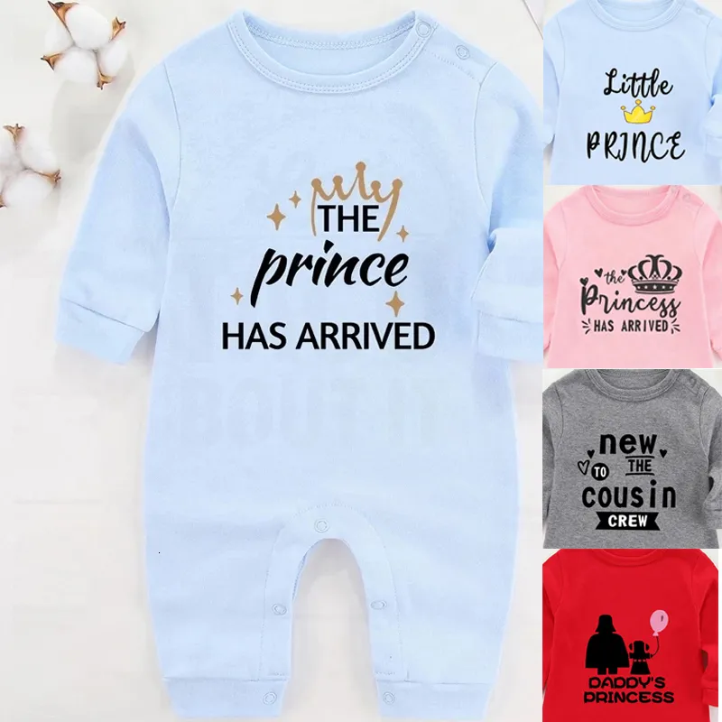 Rompers De prins is aangekomen winter babyjongen kleren geboren romper katoenen babymeisje pography outfits lange mouwen baby's kostuum 230320