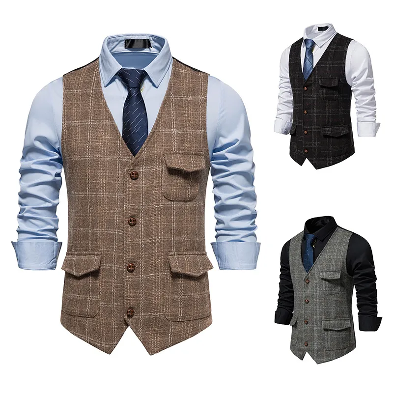 Colete xadrez de tweed masculino vintage trespassado colete estilo inglês padrinhos ternos colete para casamento