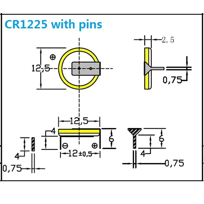 3V CR1225はんだピンリチウムボタンセルバッテリーCR1225ロットあたりPCB 用コインセル