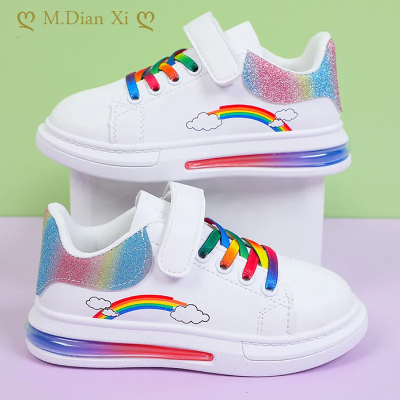 Sneakers dla dzieci Modna Rainbow Kolorowe dziewczyny Białe buty swobodne pu skóra z poduszką powietrzną Sole Hookloop Autunm 230317