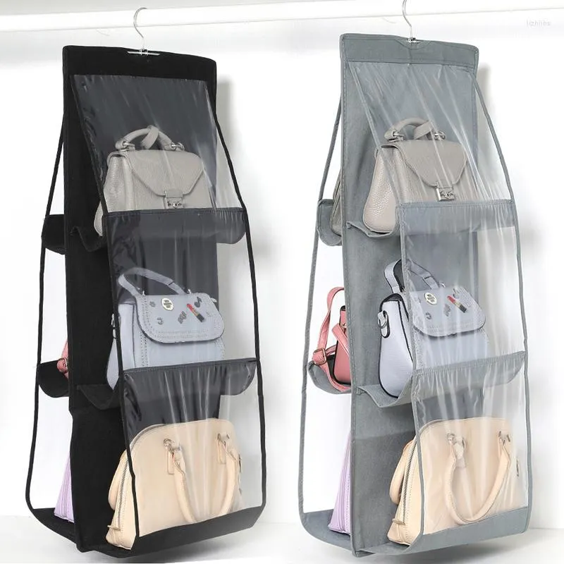 Sacs de rangement 2023 6 poches suspendus sac à main organisateur garde-robe placard Transparent anti-poussière sac porte mur clair divers chaussures