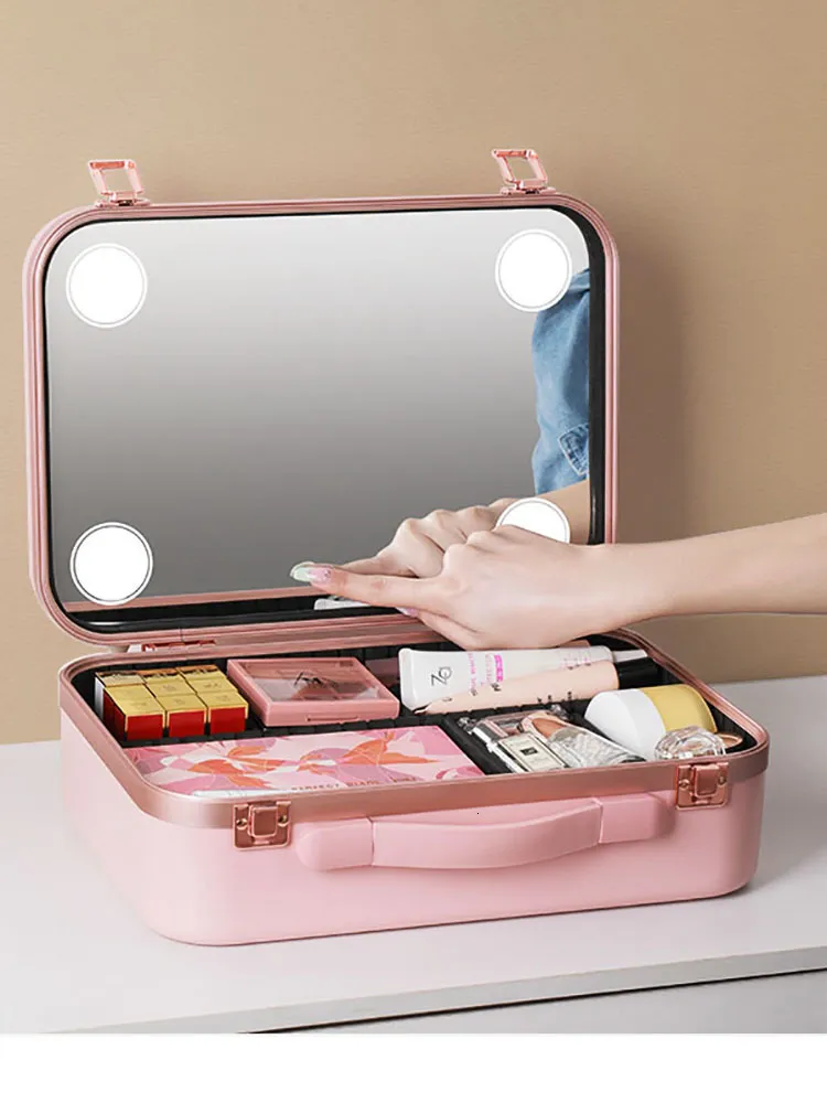 Valises Mignon Maquillage Valise De Luxe Smart LED Lampe Miroir Professionnel Femmes Beauté Cas Grande Capacité Organisations Cosmétiques Sacs 230317