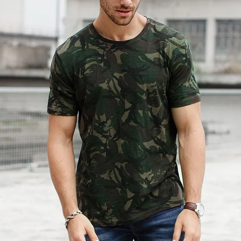 Camisetas masculinas camuflagem camisa estampada o pescoço de manga curta Top Tee Summer Summer Bodybuilding Sport Gym Roupas Camiseta Hombre 2023