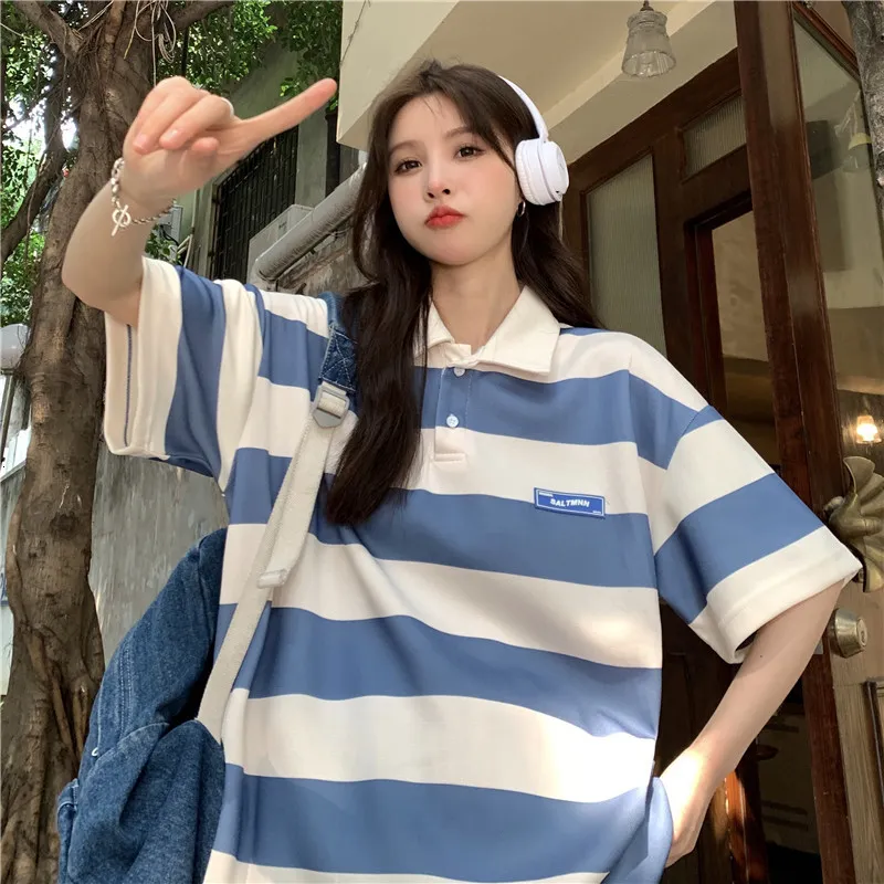 T-shirt da donna Polo a righe Maglietta blu a maniche corte Donna Estate Vintage Top Harajuku Estetica Studente Abbigliamento Oversize a righe Topo 230320