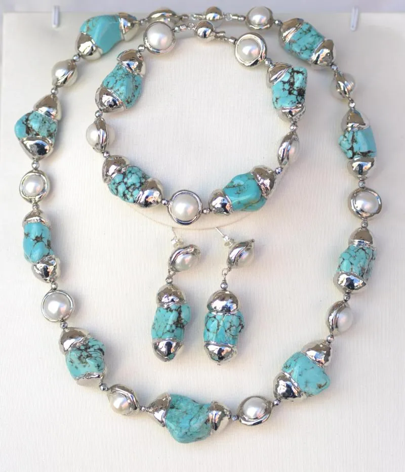 Pendant Necklaces Z11610 Set White Pearl Blue Turquoise Plate-Silver Necklace Bracelet Earring