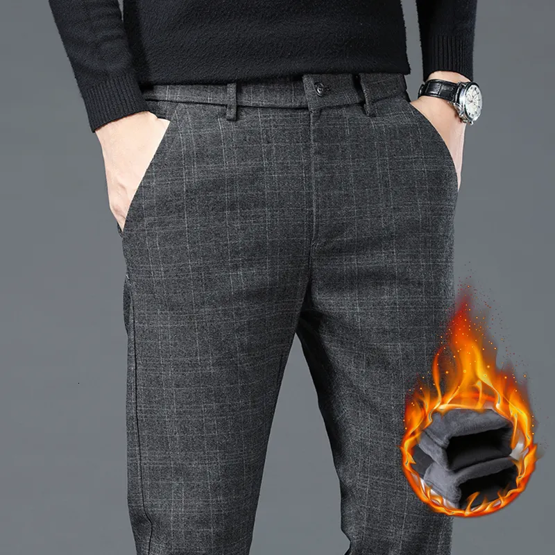Męskie spodnie zimowe ciepłe polarowe spodnie Plaid Pants Mężczyzna prosta moda szczupła marka aksamitna formalny czarny niebieski szary fluff kosmki swobodne spodnie 230320