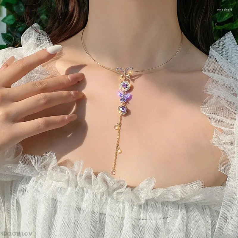 Choker Sweet Purple Pearl Butterfly Flower Zircon Tassel Halsband Personlighet Fashion ClaVicle Chain Wedding Jewelry Birthday Present