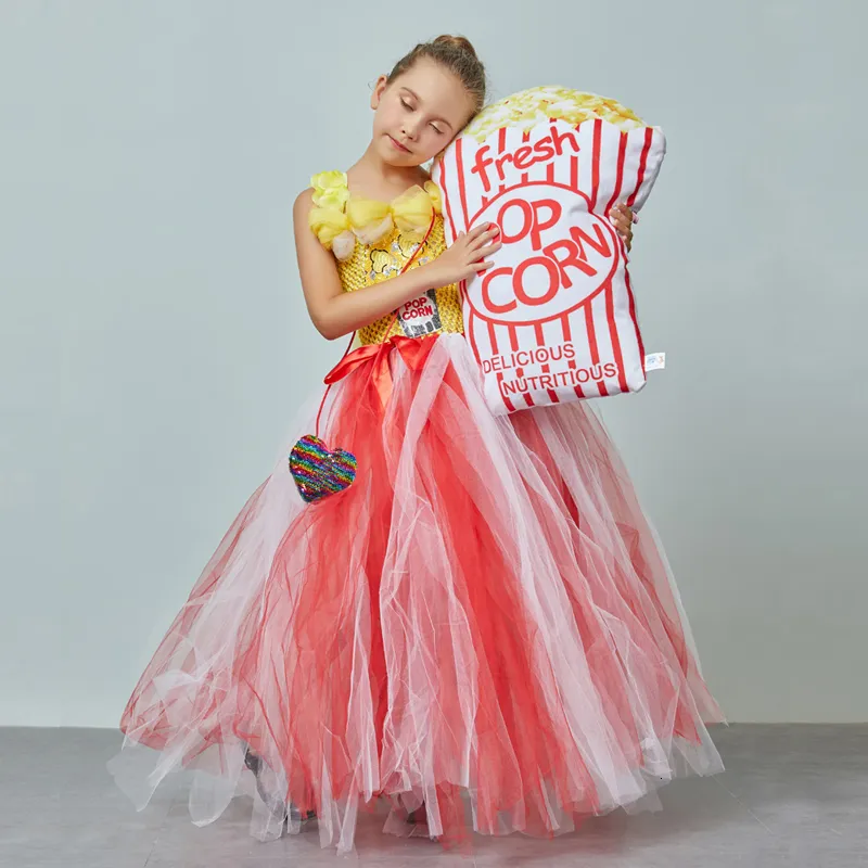 Circus Popcorn Girl Tutu Dress Carnival Birthday Party Wedding Flower Sequin Ball Gown Costume Kids  Corn Food Tulle Dress (4)