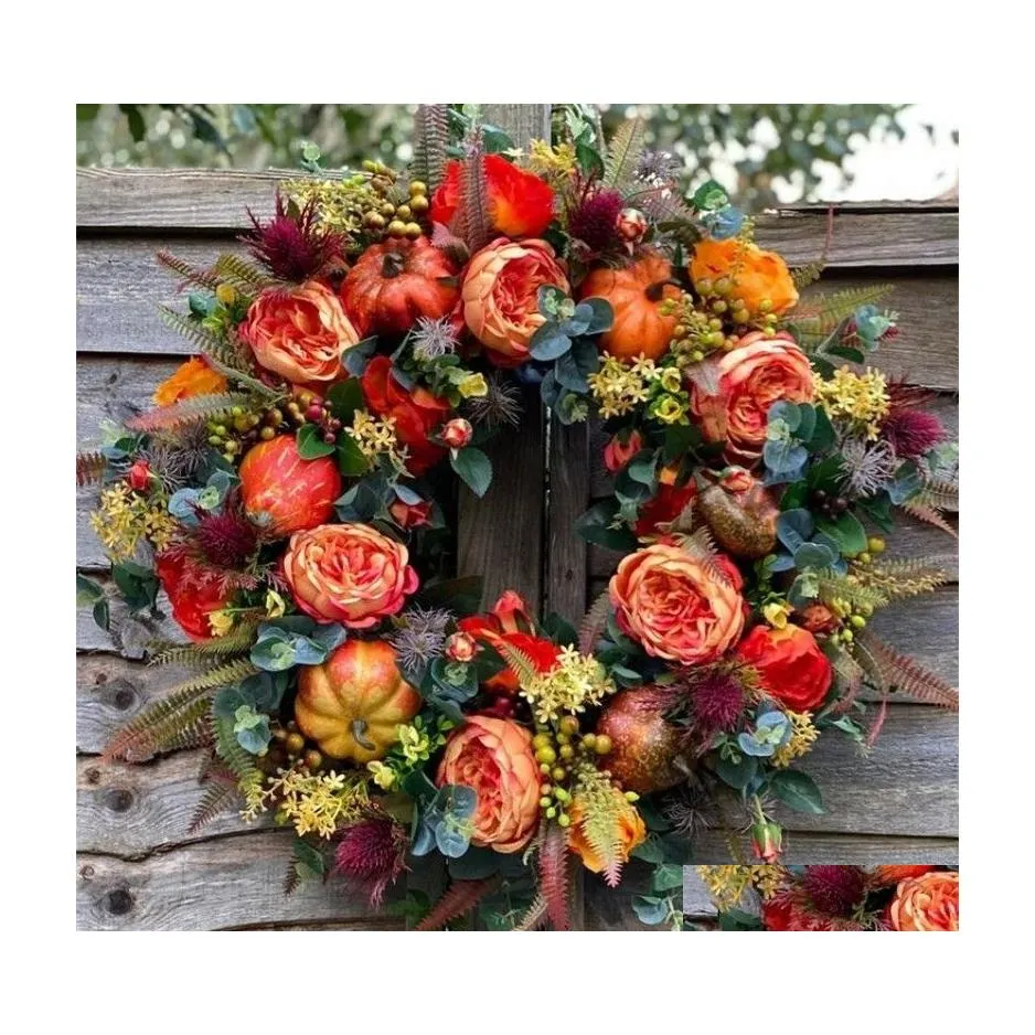 Juldekorationer Pumpa Wreath Decoration Wedding Halloween Garland Artificial Flower Door Fall Autumn Home Front Thanksgiving DHHGK