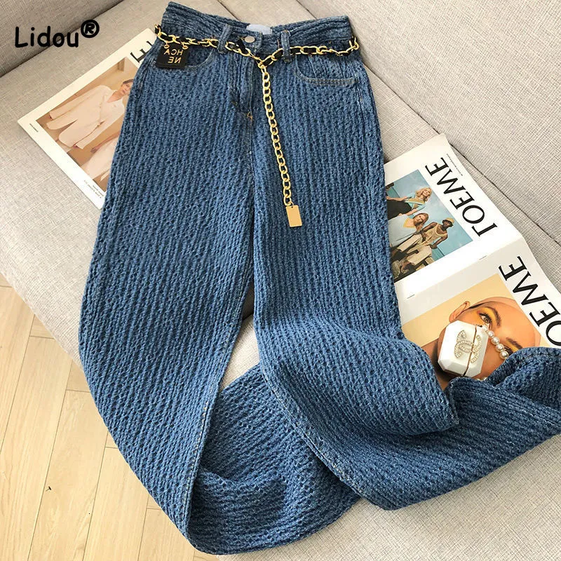 Jeans da donna Autunno All-match Tasche a vita alta Bottone patchwork Pantaloni a gamba larga Cerniera lavata Sciolto Avanzato Blu Jeans dritti da donna Trend 230317